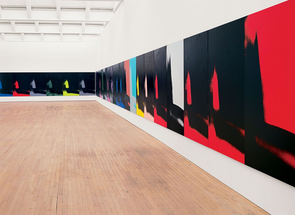 Andy Warhol Shadows, 1978–79 Installation of 72 of 102 paintings Acrylic, variously silkscreened and painted on canvas 76 x 52 inches (193 x 132 cm) each Dia Art Foundation Photo: Bill Jacobson