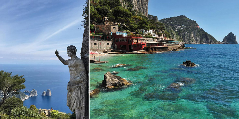 A gauche, statue de l'empereur Auguste au Monte Solaro / A droite, plages de Marina Piccoli.