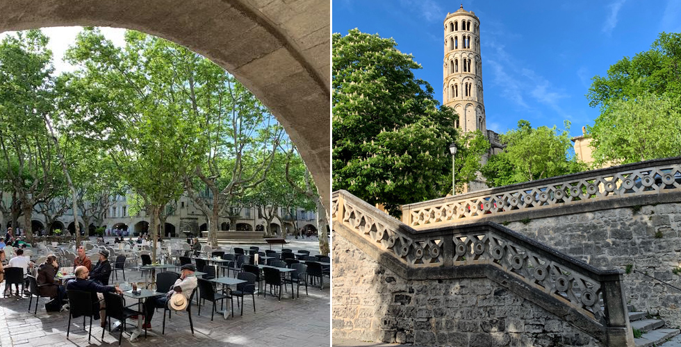 A gauche - la place aux Herbes, coeur battant d'Uzès. A droite - La Tour Fénestrelle 